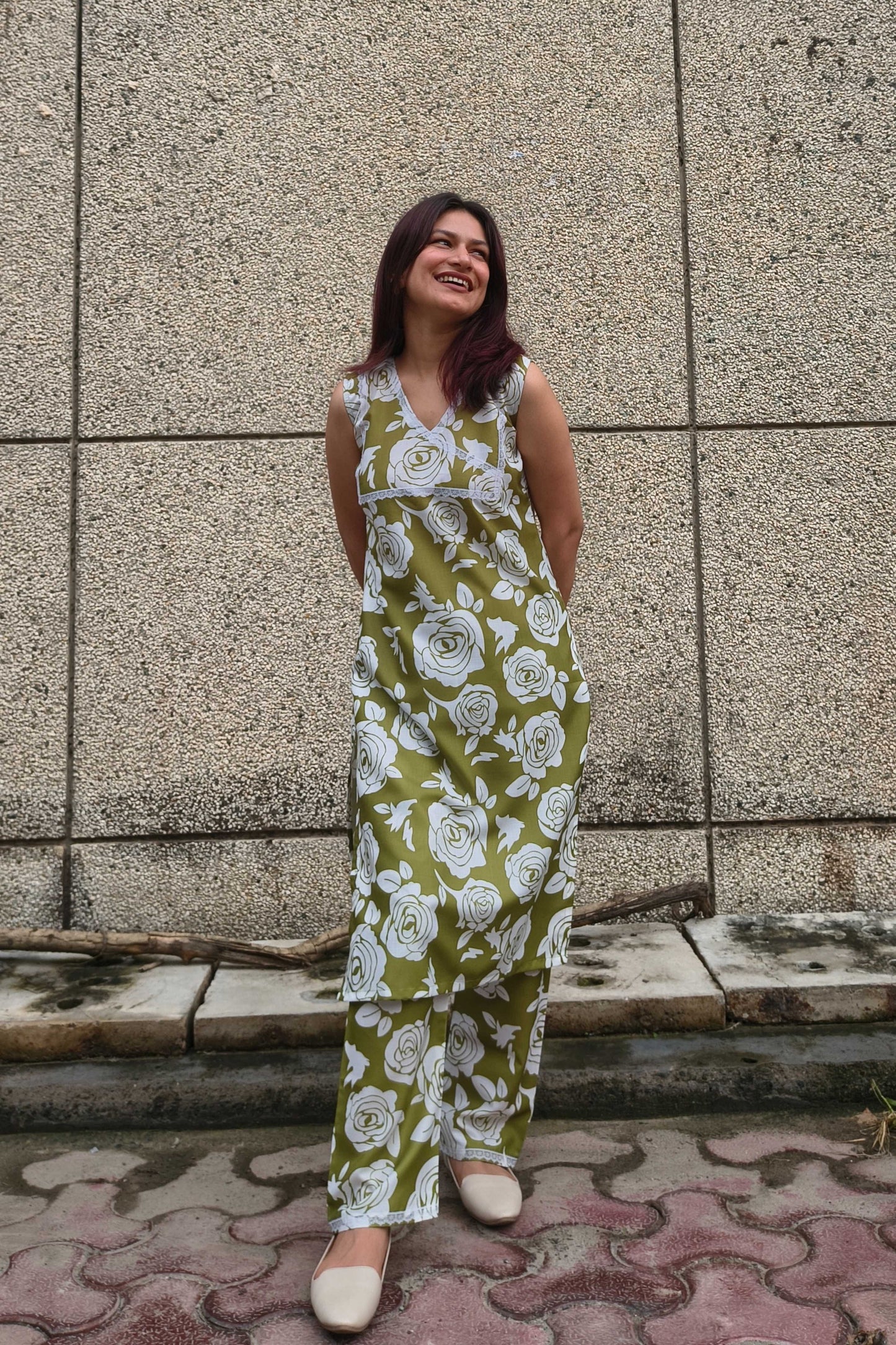 Green Lace Detailing Yoke Kurta Pant Set