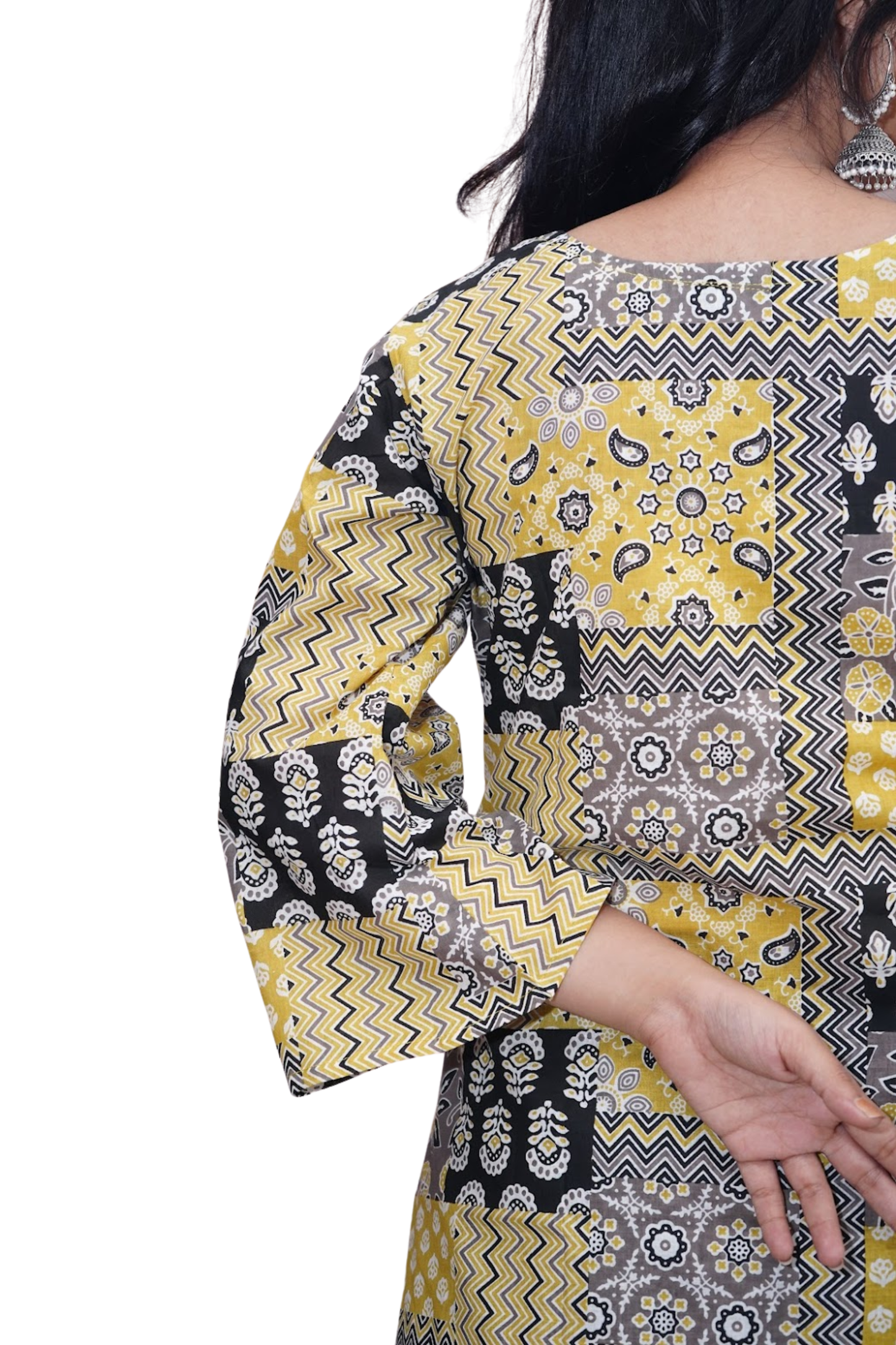 Ishita Yellow Ajrakh Patchwork Cotton Kurti