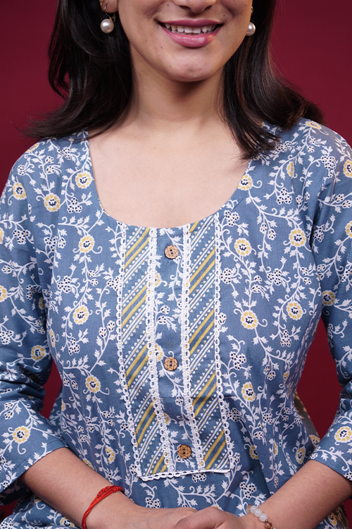 Slate Blue Floral Cotton Suit Set with Printed Dupatta