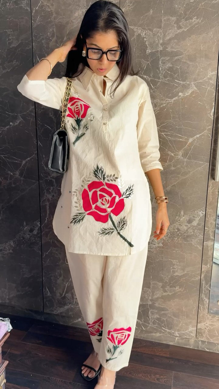 Off-White Wine Rose Embroidered Cotton Co-ord Set