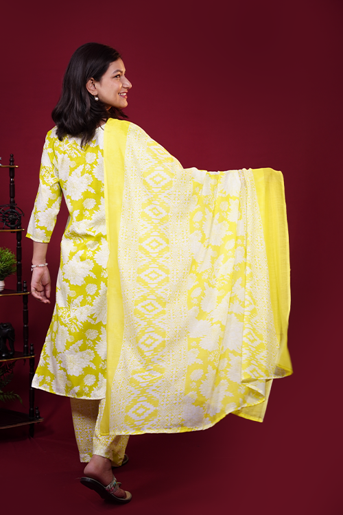 Lime Yellow Floral Embroidered Cotton Suit Set