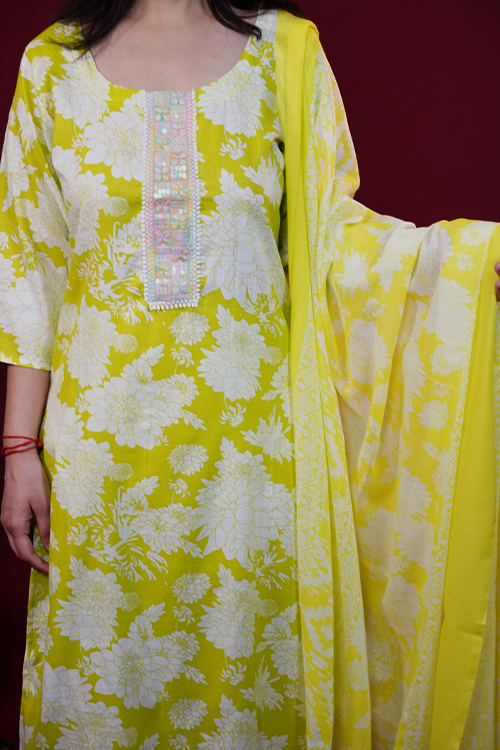 Lime Yellow Floral Embroidered Cotton Suit Set