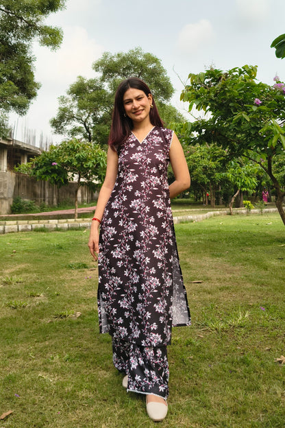 Floral Printed Kurta Pant Set – Black Cotton Blend