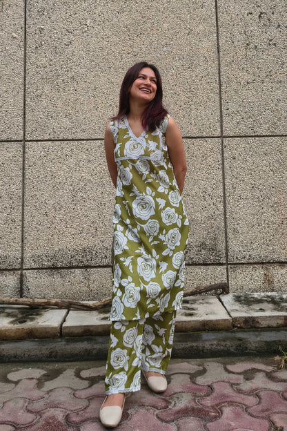 Green Lace Detailing Yoke Kurta Pant Set