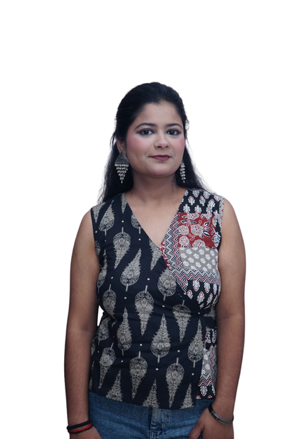 Myra Black Beige Ajrakh Wrap Cotton Top