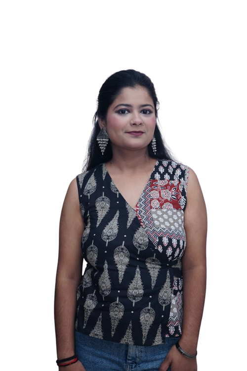 Myra Black Beige Ajrakh Wrap Cotton Top