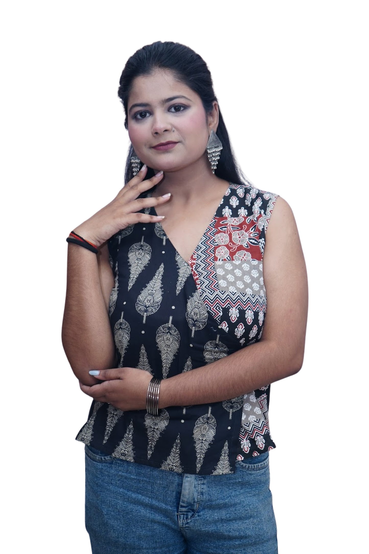 Myra Black Beige Ajrakh Wrap Cotton Top