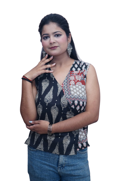 Myra Black Beige Ajrakh Wrap Cotton Top