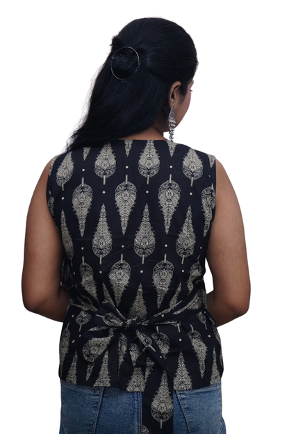 Myra Black Beige Ajrakh Wrap Cotton Top