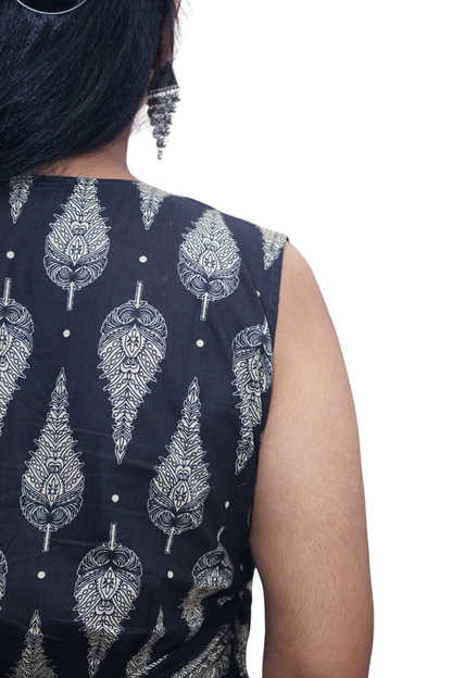 Myra Black Beige Ajrakh Wrap Cotton Top