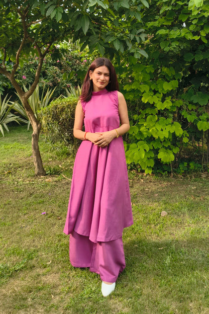 Magenta Sleeveless Flared Kurta with Palazzo Set
