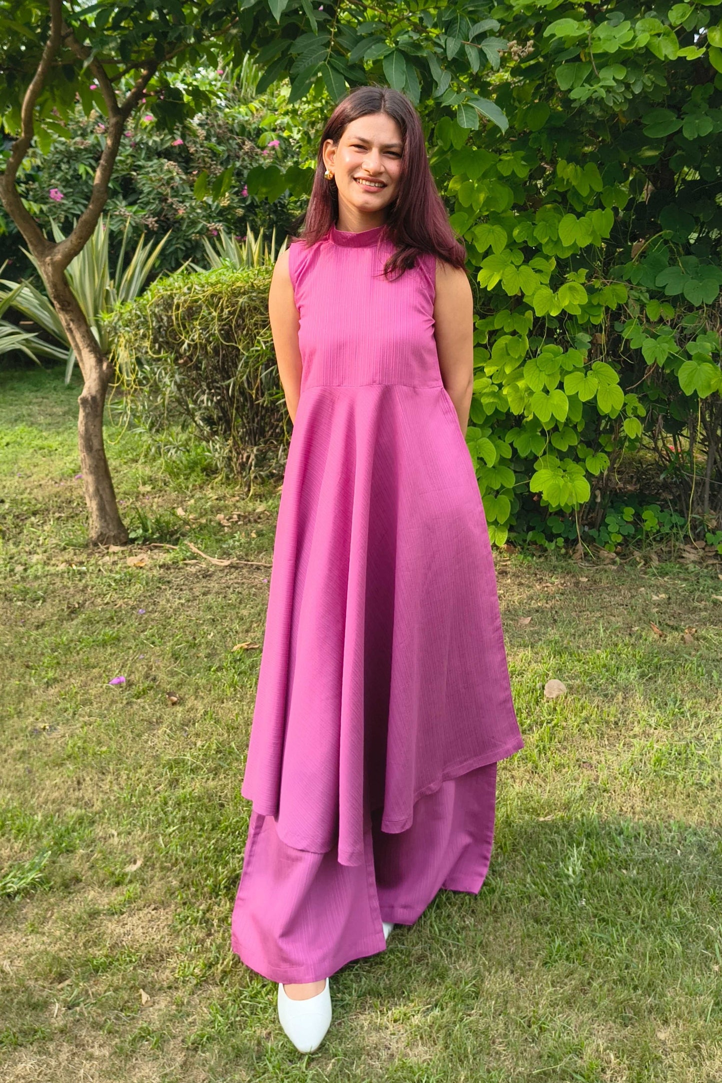 Magenta Sleeveless Flared Kurta with Palazzo Set