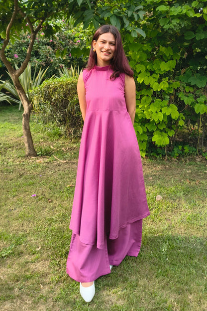 Magenta Sleeveless Flared Kurta with Palazzo Set