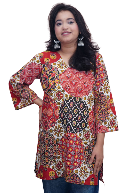 Sara Multicolor Ajrakh Patchwork Cotton Kurti