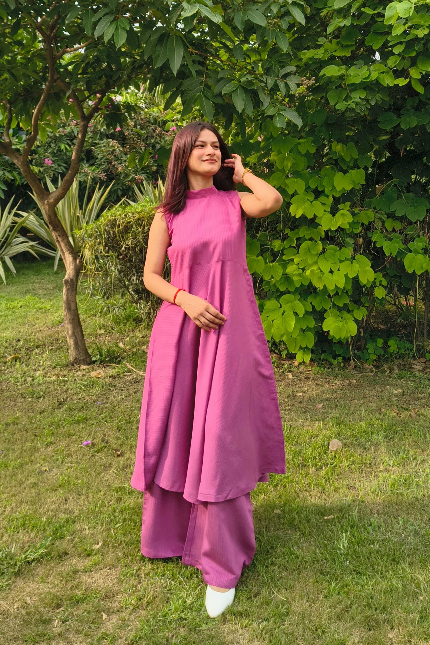Magenta Sleeveless Flared Kurta with Palazzo Set