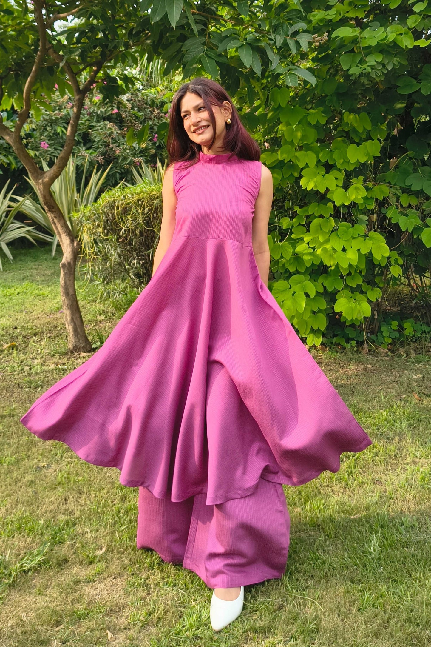 Magenta Sleeveless Flared Kurta with Palazzo Set
