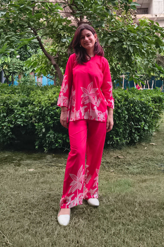 Red Tropical Print Co-ord Set with Mandarin Collar