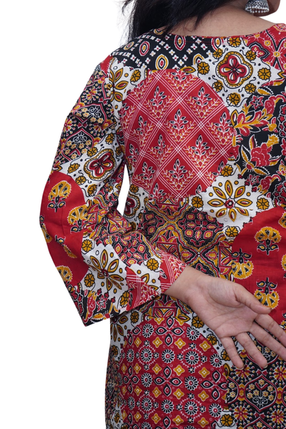 Sara Multicolor Ajrakh Patchwork Cotton Kurti