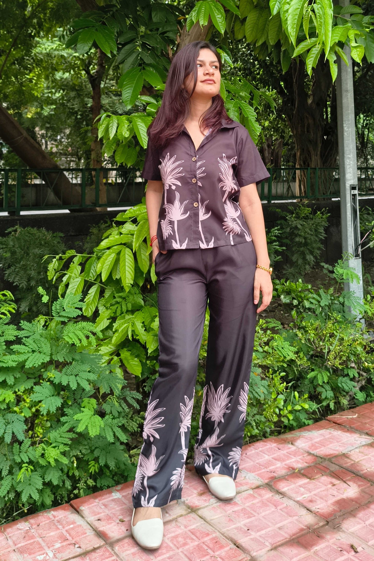 Black Polycotton Floral Printed Collar Co-ord Set