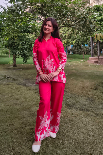 Red Tropical Print Co-ord Set with Mandarin Collar