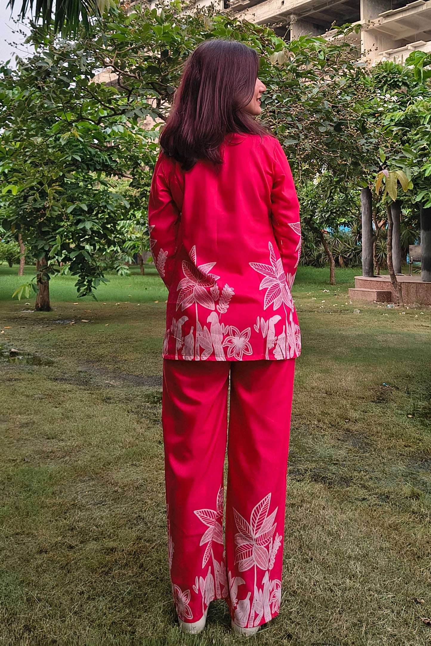 Red Tropical Print Co-ord Set with Mandarin Collar