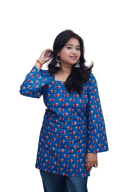 Nandini Blue Elephant Print Cotton Kurti