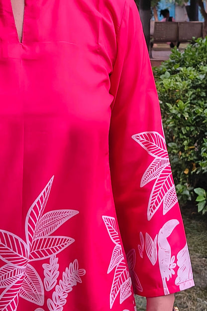 Red Tropical Print Co-ord Set with Mandarin Collar