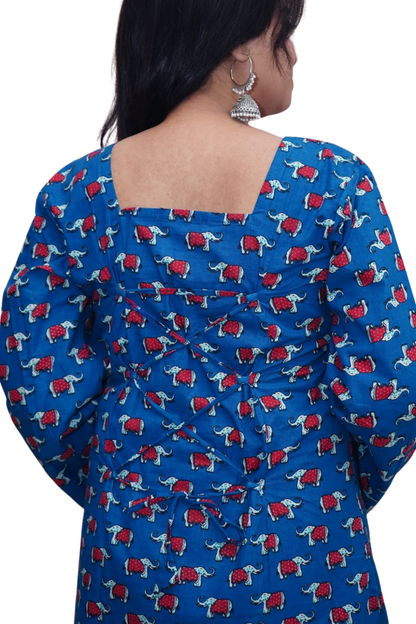 Nandini Blue Elephant Print Cotton Kurti