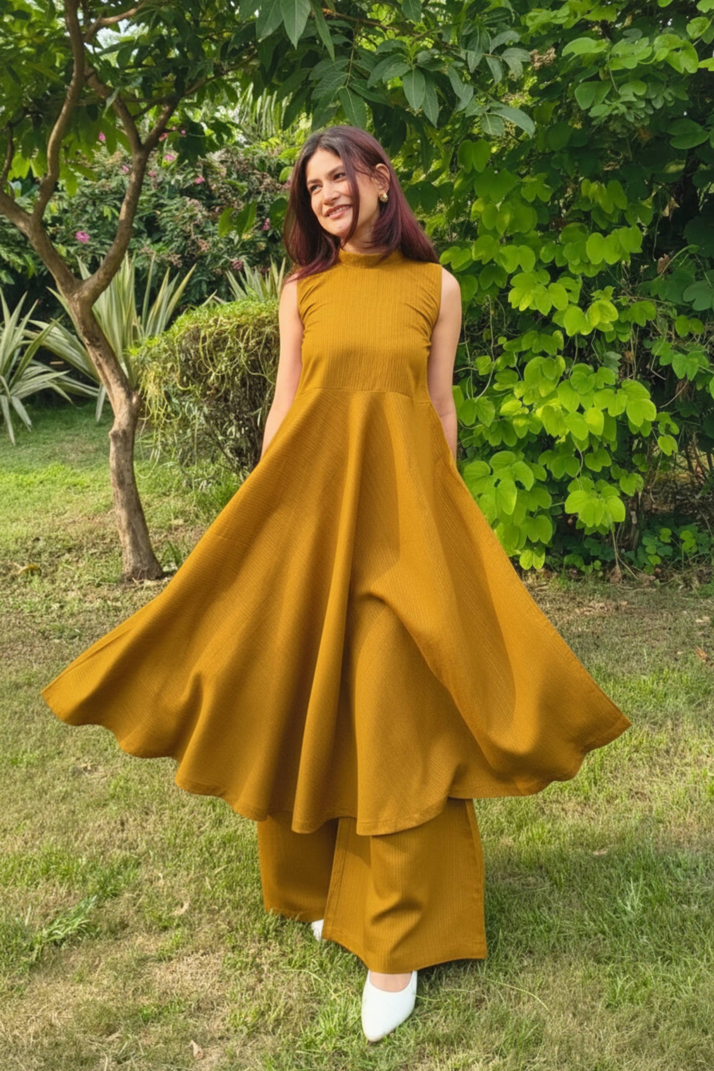 Mustard Sleeveless Flared Kurta with Palazzo Set
