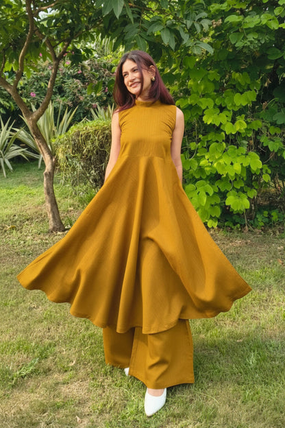 Mustard Sleeveless Flared Kurta with Palazzo Set
