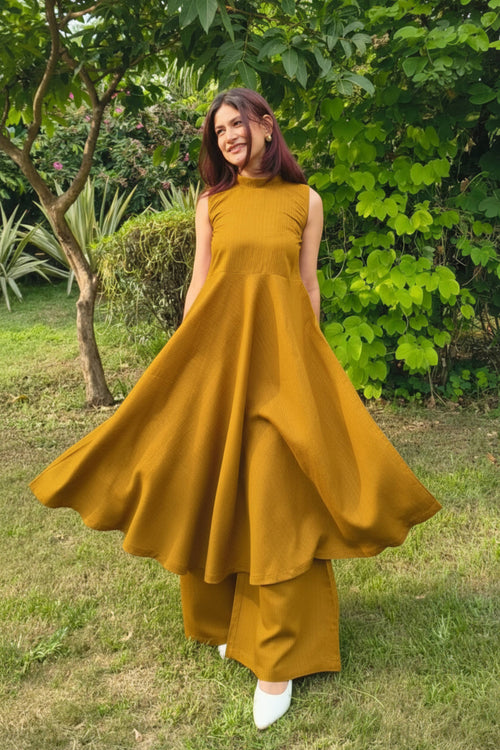 Mustard Sleeveless Flared Kurta with Palazzo Set