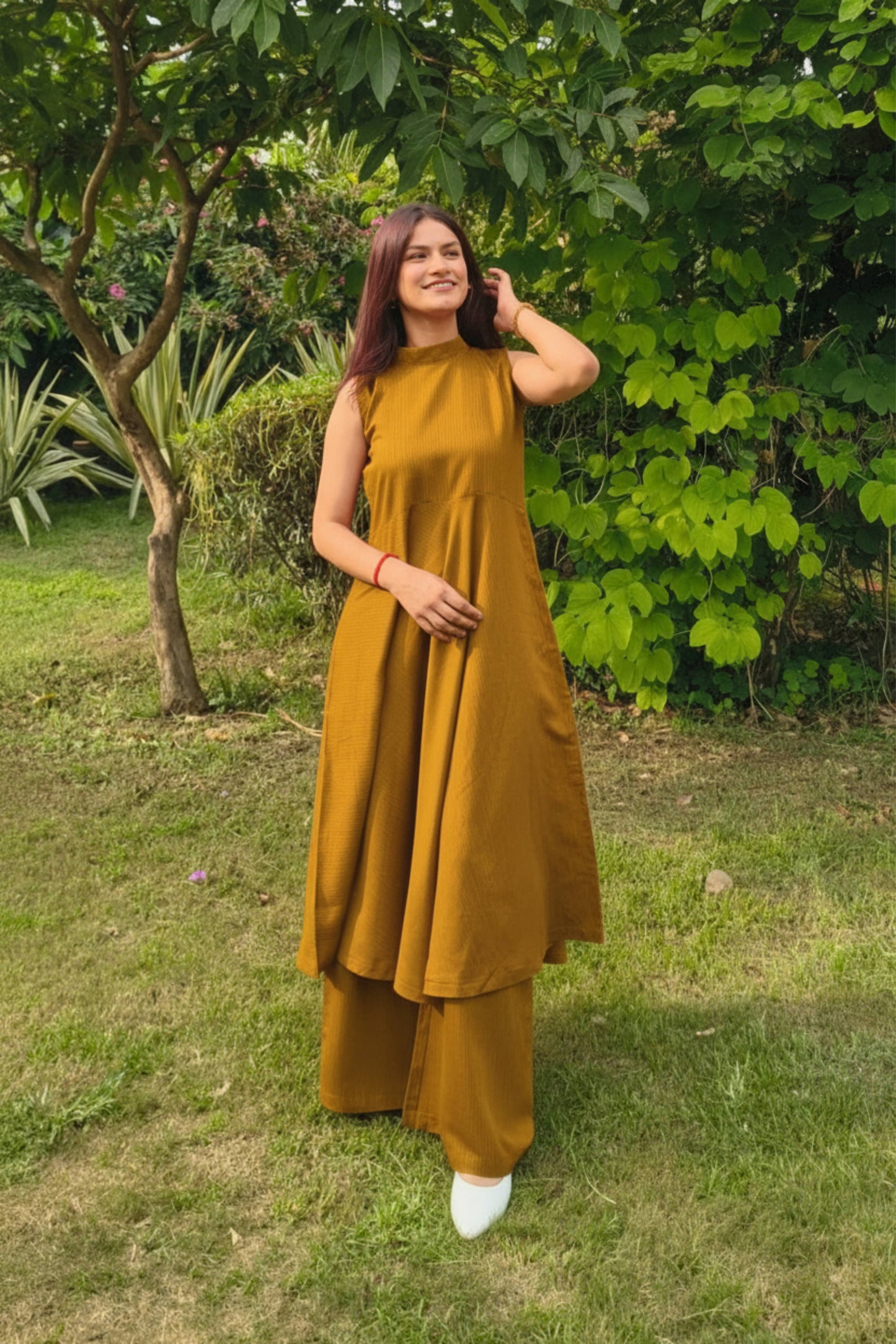 Mustard Sleeveless Flared Kurta with Palazzo Set