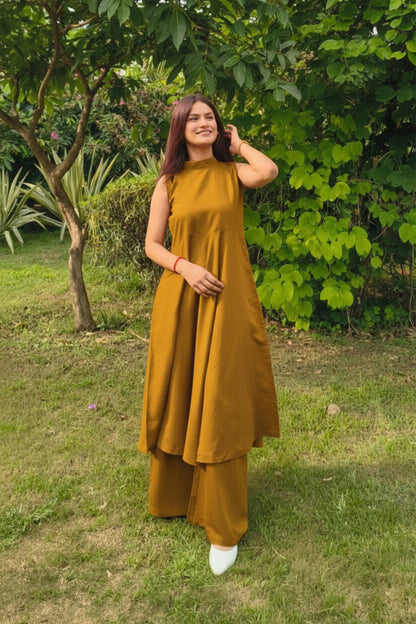 Mustard Sleeveless Flared Kurta with Palazzo Set