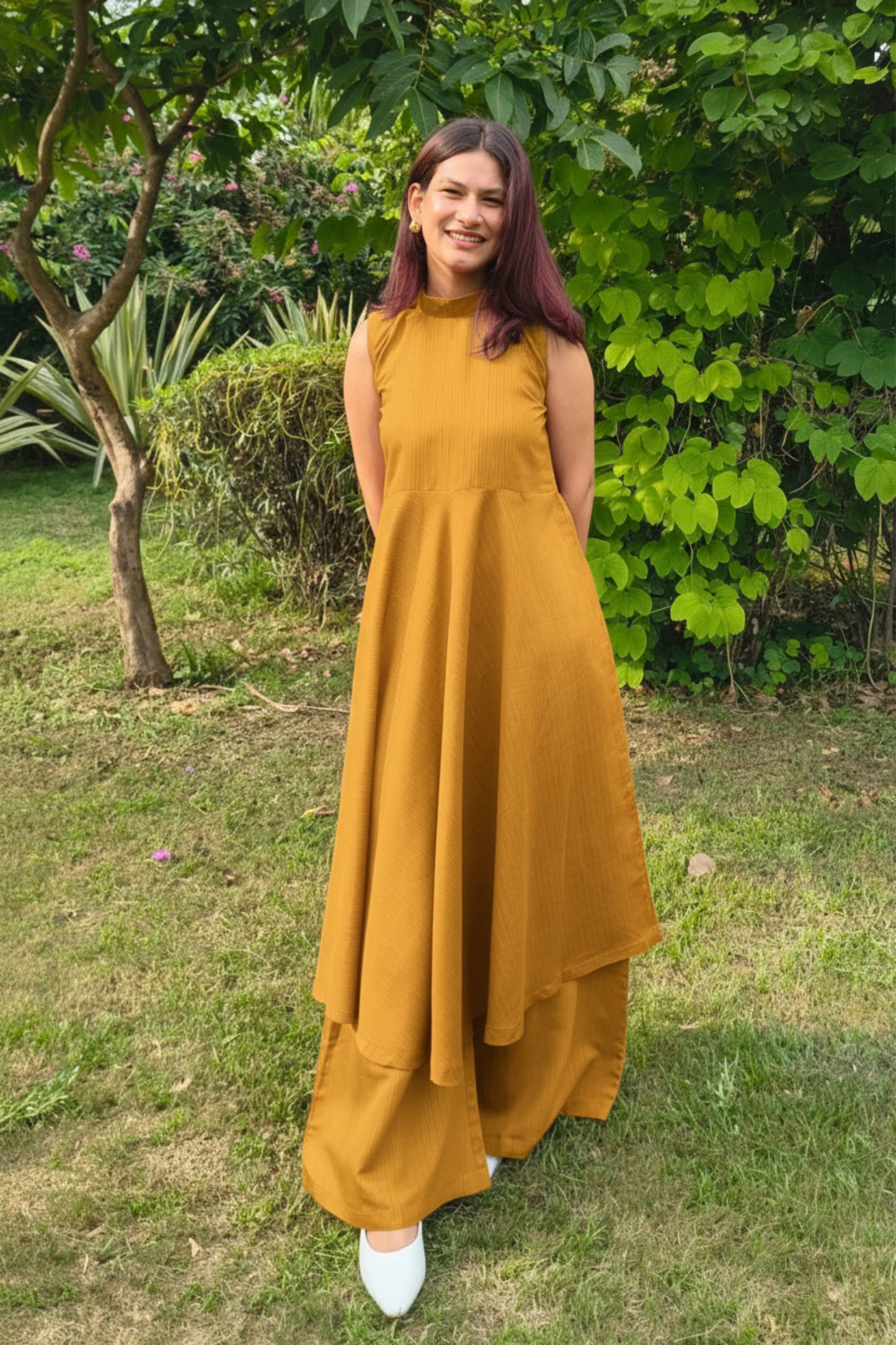 Mustard Sleeveless Flared Kurta with Palazzo Set