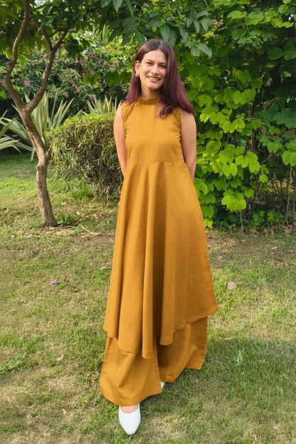 Mustard Sleeveless Flared Kurta with Palazzo Set