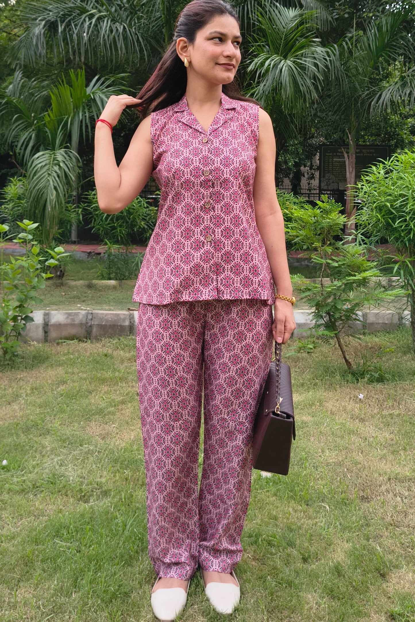 Wine Polycotton Printed Notched Collar Co-ord  set