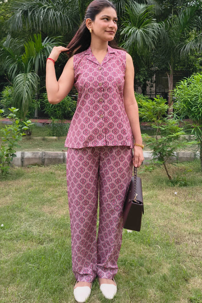 Wine Polycotton Printed Notched Collar Co-ord  set