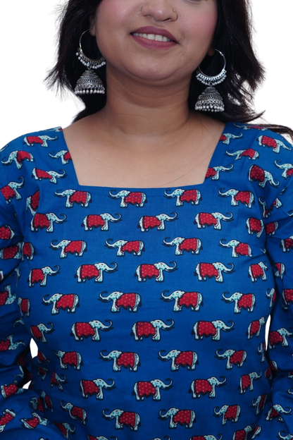 Nandini Blue Elephant Print Cotton Kurti