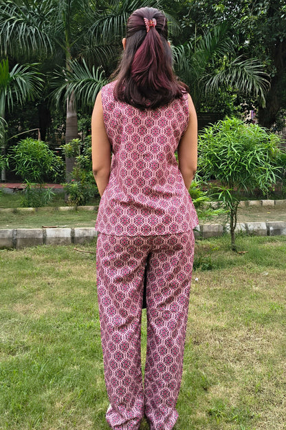 Wine Polycotton Printed Notched Collar Co-ord  set