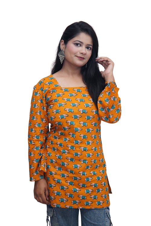 Mahi Mustard Elephant Print Cotton Kurti
