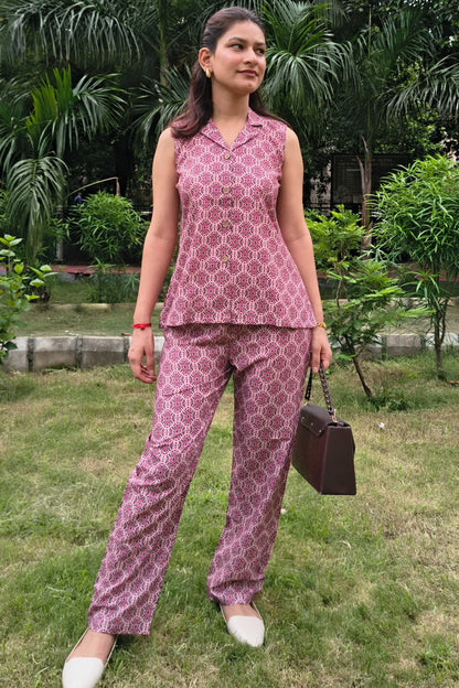 Wine Polycotton Printed Notched Collar Co-ord  set