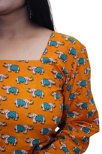 Mahi Mustard Elephant Print Cotton Kurti