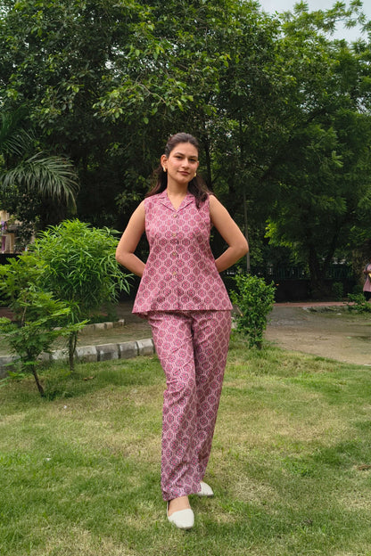Wine Polycotton Printed Notched Collar Co-ord  set