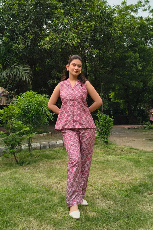 Wine Polycotton Printed Notched Collar Co-ord  set