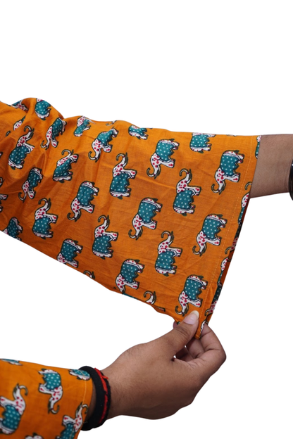 Mahi Mustard Elephant Print Cotton Kurti