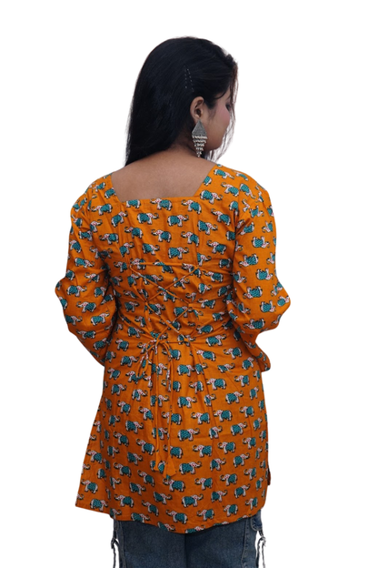 Mahi Mustard Elephant Print Cotton Kurti
