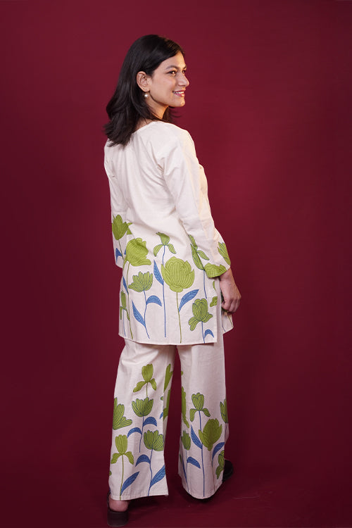 Off-White Floral Print Khadi Cotton Co-ord Set