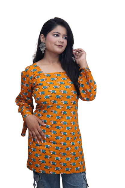 Mahi Mustard Elephant Print Cotton Kurti