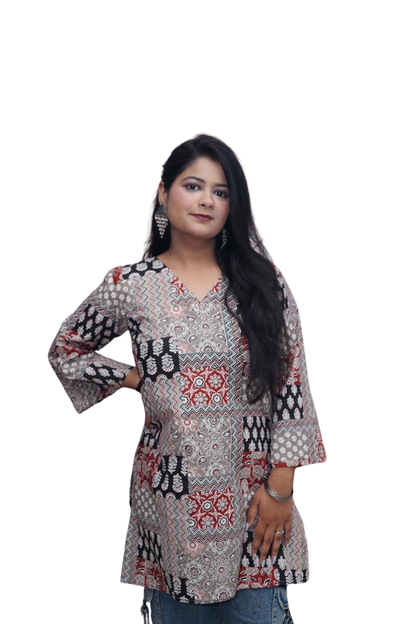 Meera Grey Rust Ajrakh Patchwork Cotton Kurti