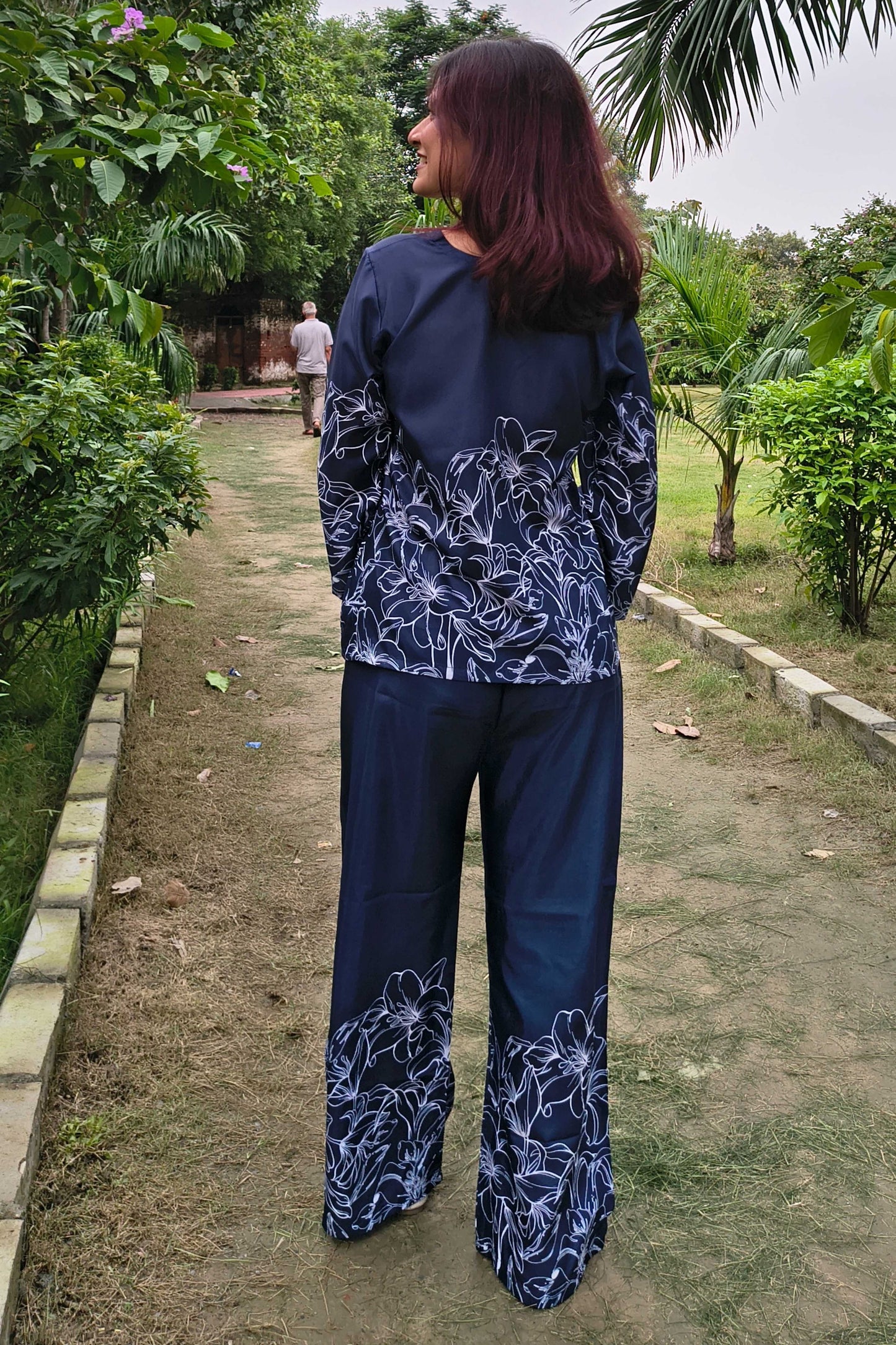 Navy Poly Cotton Printed Round Neck Co-ord set